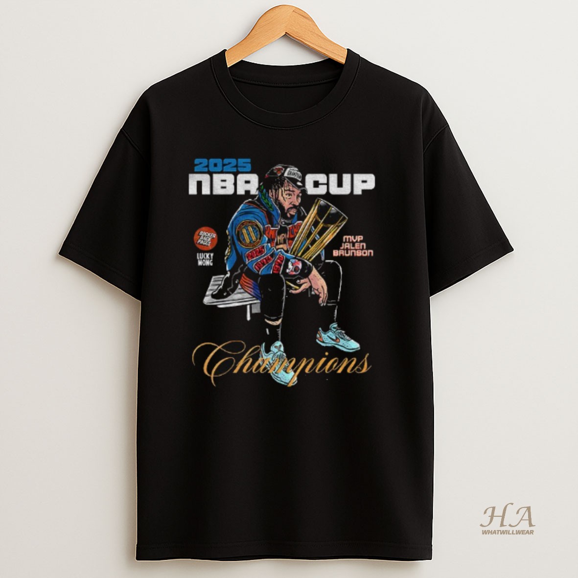 Official Jalen Brunson Mvp New York Knicks Nba Cup 2025 Champions Lucky Mong Bocker Back Page T Shirt