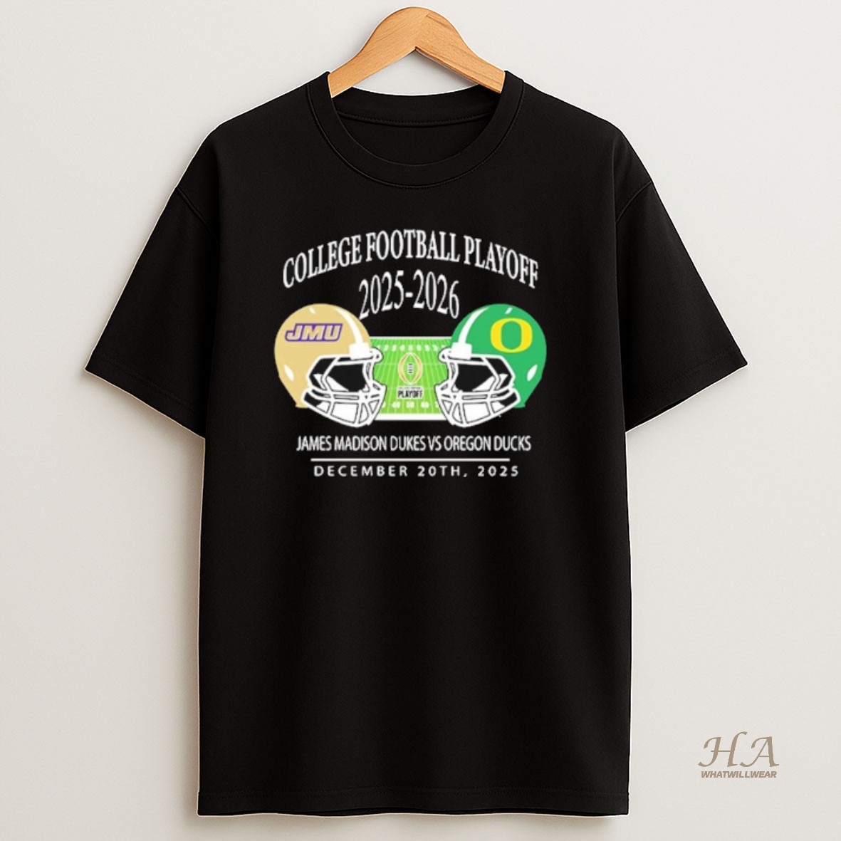 Official James Madison Dukes Vs Oregon Ducks 2025 2026 College Football Playoff Matchup Helmet At Autzen Stadium In Eugene Oregon On December 20 T Shirt