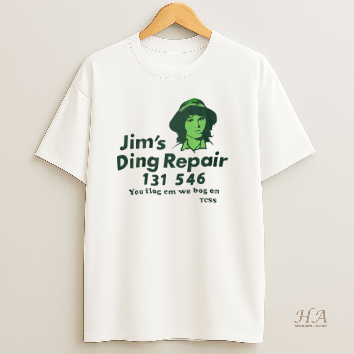 Official Jims Ding Repair 1311 546 You Flog Em We Bog Em T Shirt
