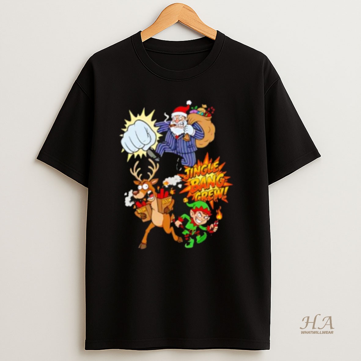 Official Jingle Bang Crew Funny Mafia Santa Reindeer And Elf Christmas Cartoon T Shirt