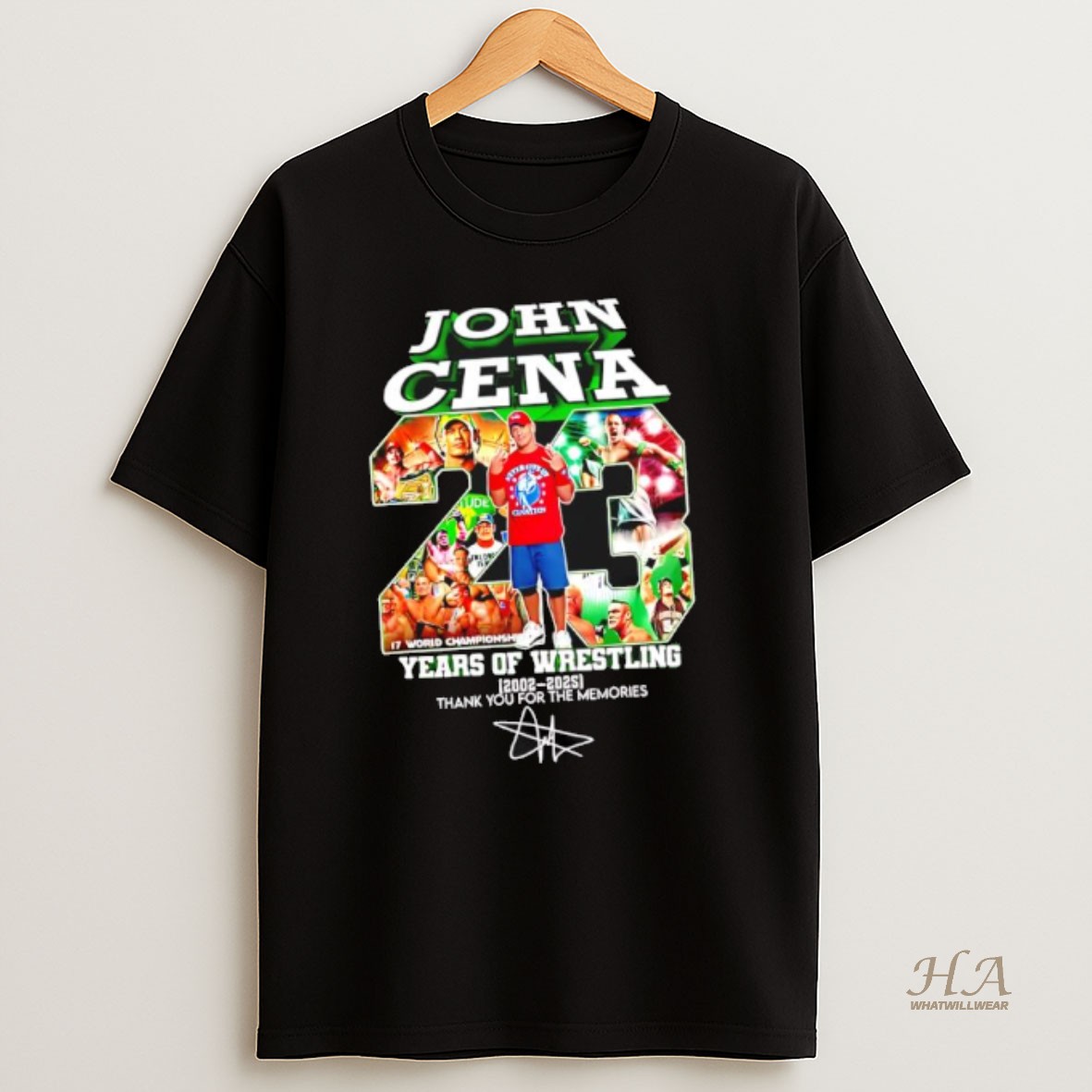 Official John Cena 23 Years Of Wwe 2002 2025 Never Give Up Signature T Shirt