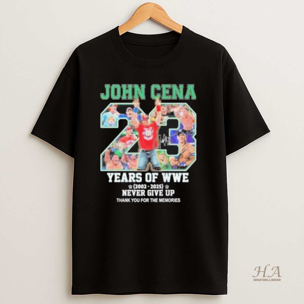 Official John Cena 23 Years Of Wwe 2002 2025 Never Give Up T Shirt