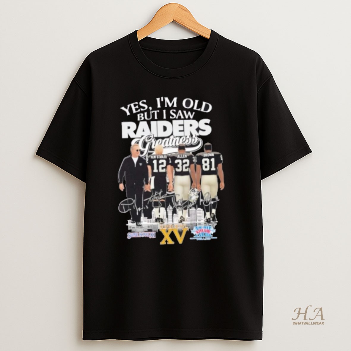 Official John Madden Ken Stabler Allen Brown Yes Im Old But I Saw Las Vegas Raiders Greatness Skyline T Shirt