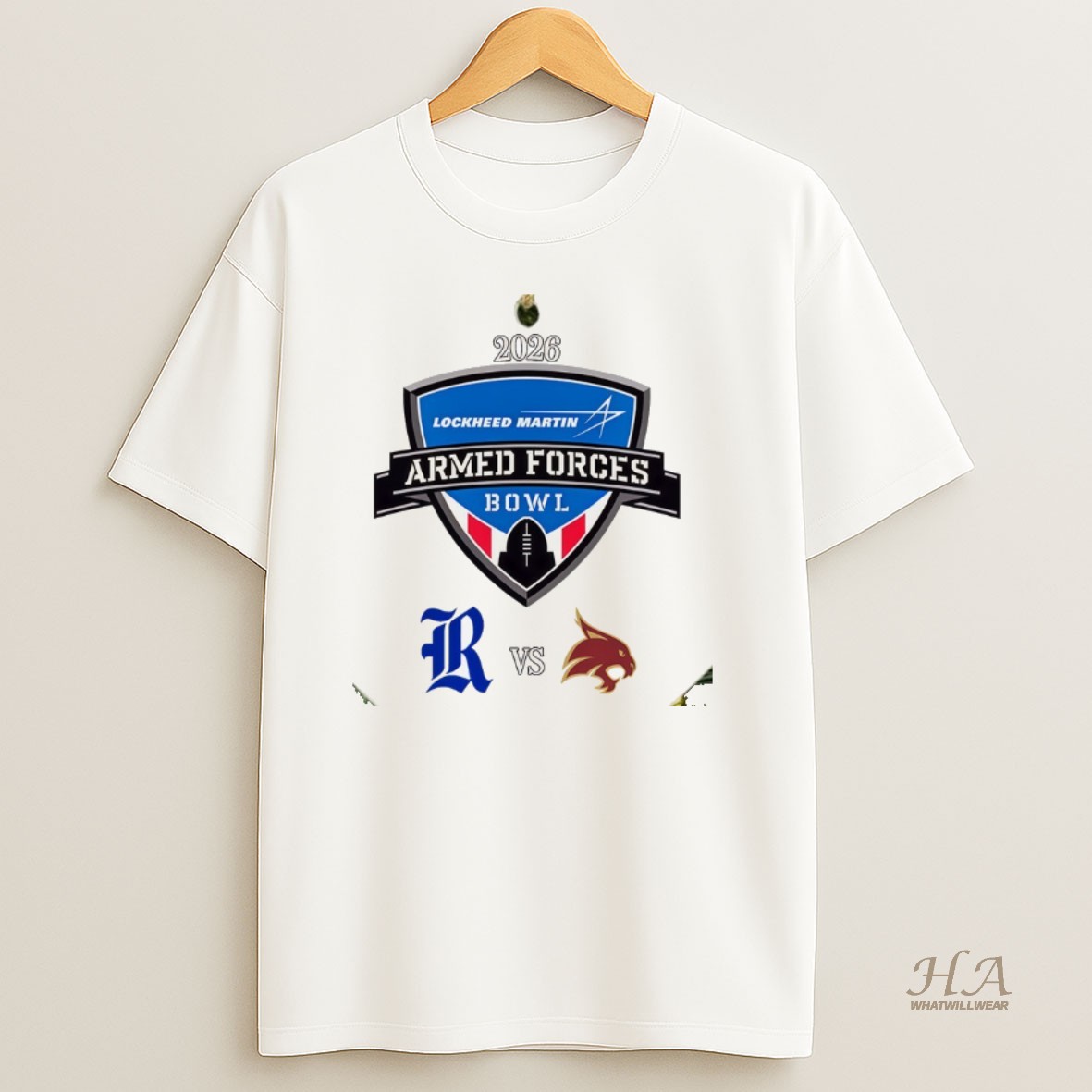 Official Lockheed Martin Armed Forces Bowl 2026 Texas State Bobcats Vs Rice Owls Logo T Shirt