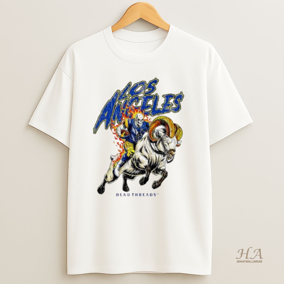 Official Los Angeles Rams Dead Threads Apparel Skull Face Riding Ram Mascot Graphic T Shirt
