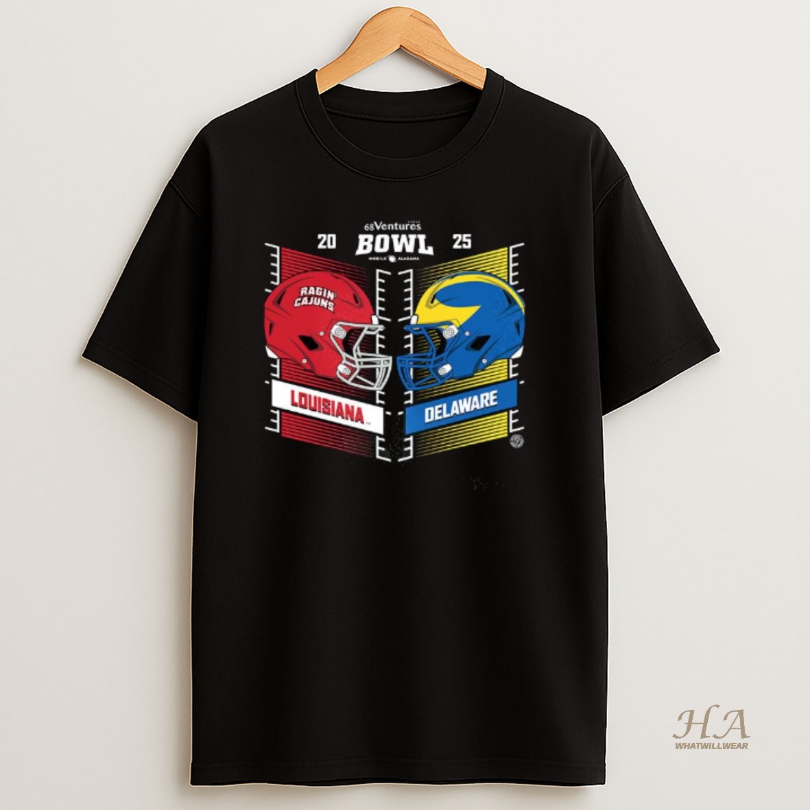 Official Louisiana Ragin Cajuns Vs Delaware Fightin Blue Hens 68 Ventures Bowl 2025 T Shirt