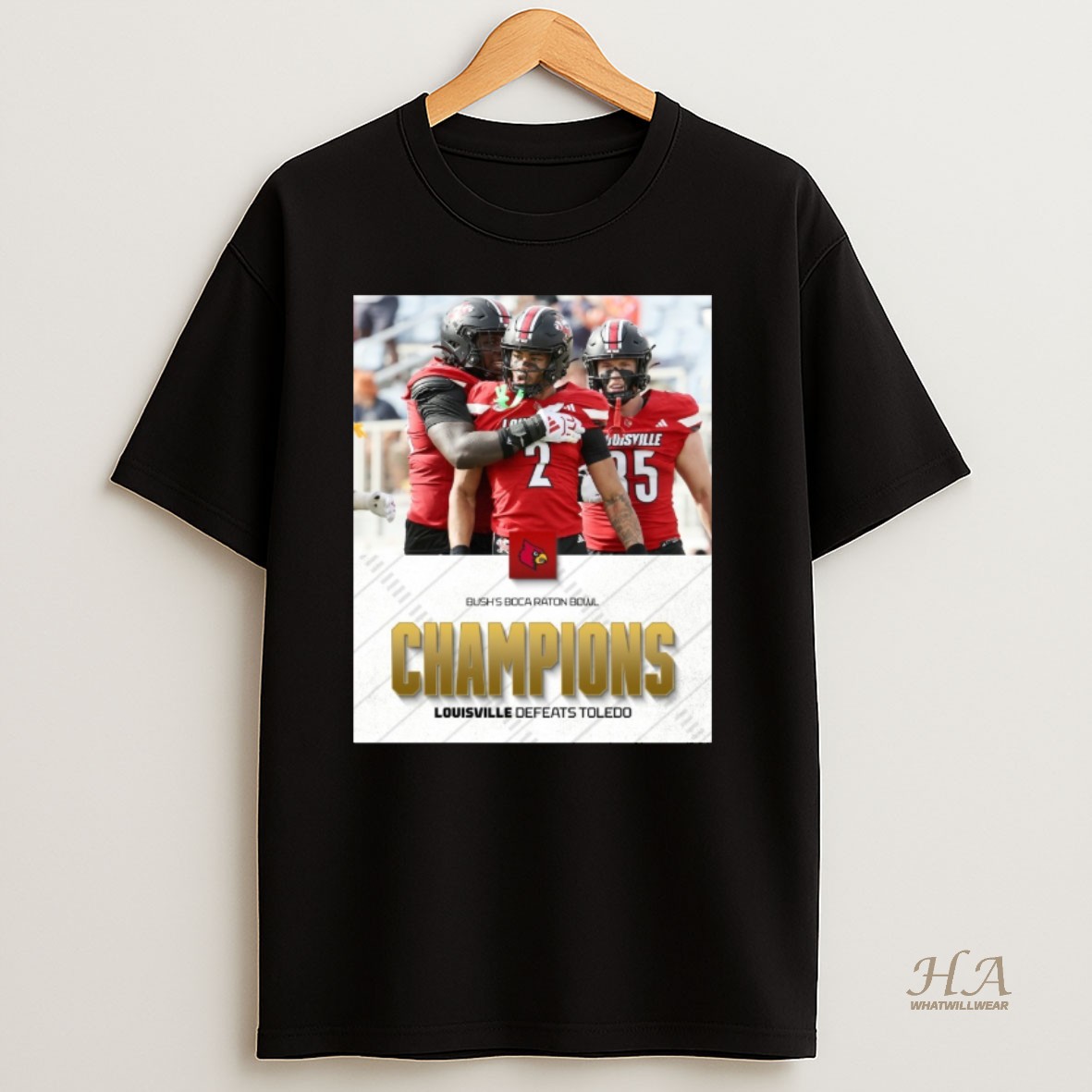 Official Louisville Cardinals Defeated Toledo Rockets 2025 Bushs Boca Raton Bowl Champions T Shirt