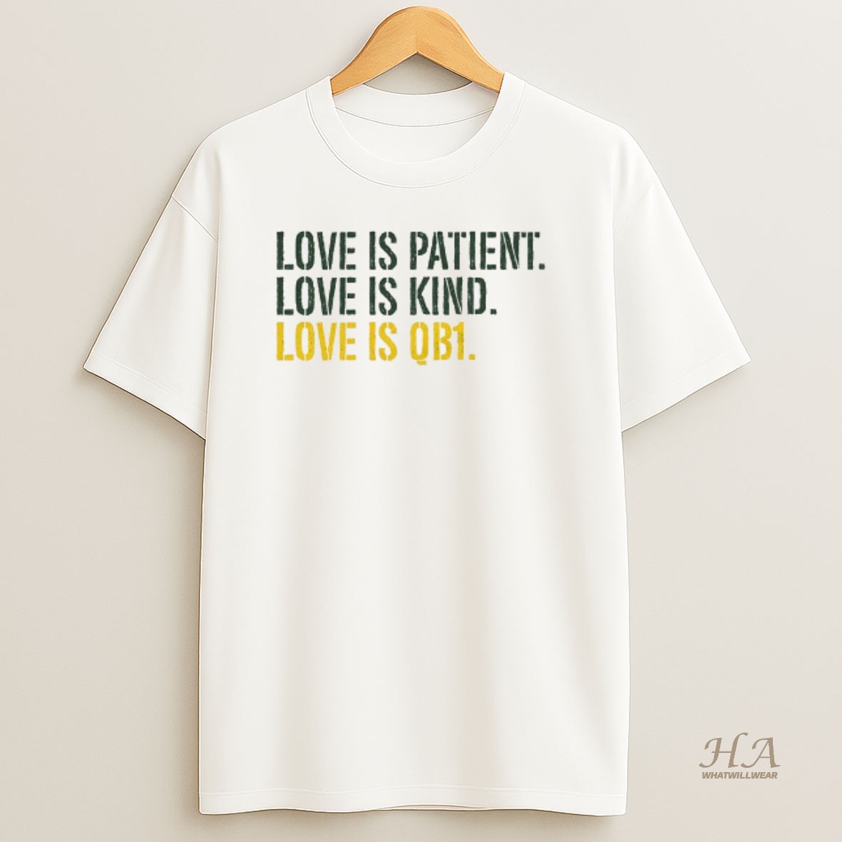 Official Love Is Patient Love Is Kind Love Is Qb1 Jordan Love Green Bay Packers Go Pack Go T Shirt