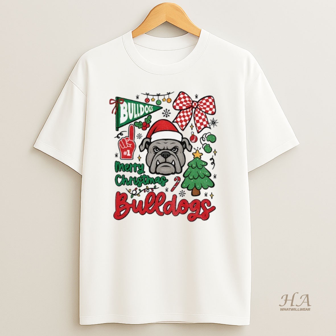 Official Merry Christmas Georgia Bulldogs Game Day Mascot Festive Checkerboard Bow Shirt
