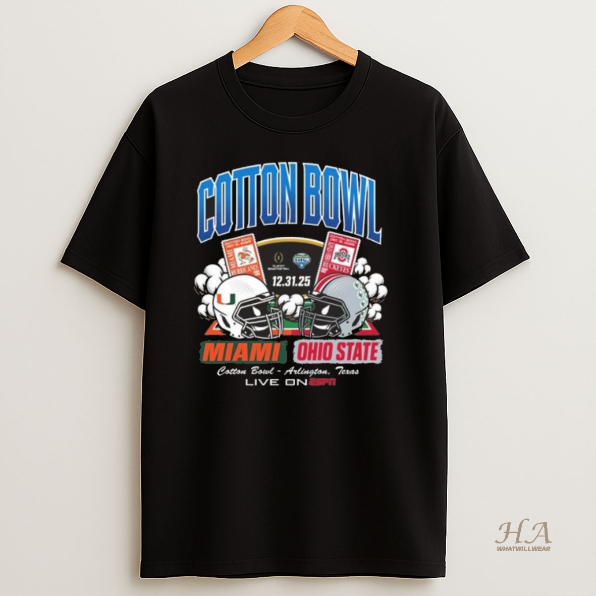 Official Miami Hurricanes Vs Ohio State Buckeyes 2025 Cotton Bowl Head To Head 12 31 2025 Tickets Helmet T Shirt