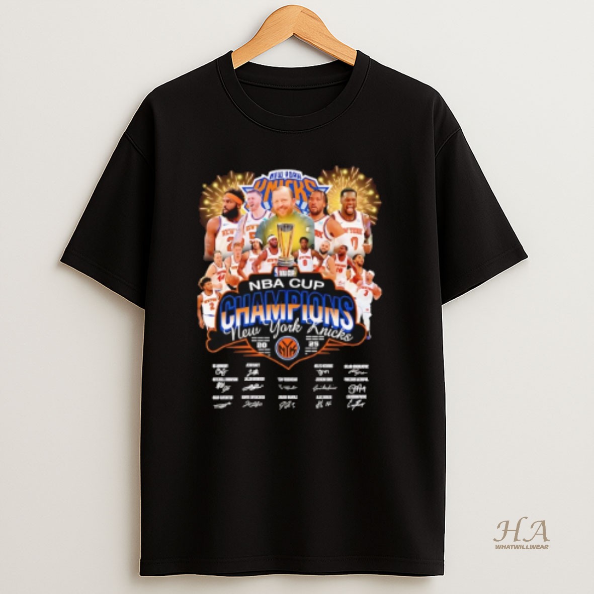 Official New York Knicks 2025 Nba Cup Champions All Team Signatures T Shirt