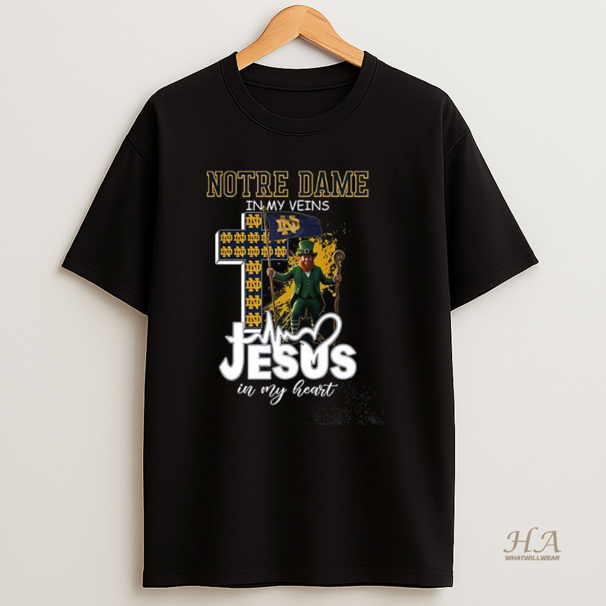 Official Notre Dame Fighting Irish Mascot In My Veins Jesus In My Heart Flag Shirt