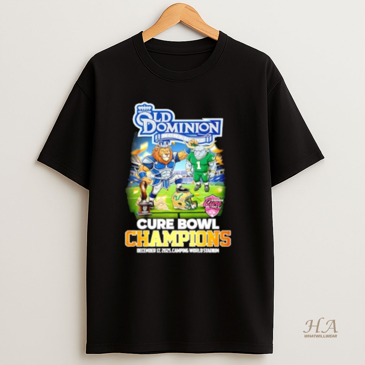 Official Old Dominion Monarchs 2025 Cure Bowl Champions Mascot T Shirt