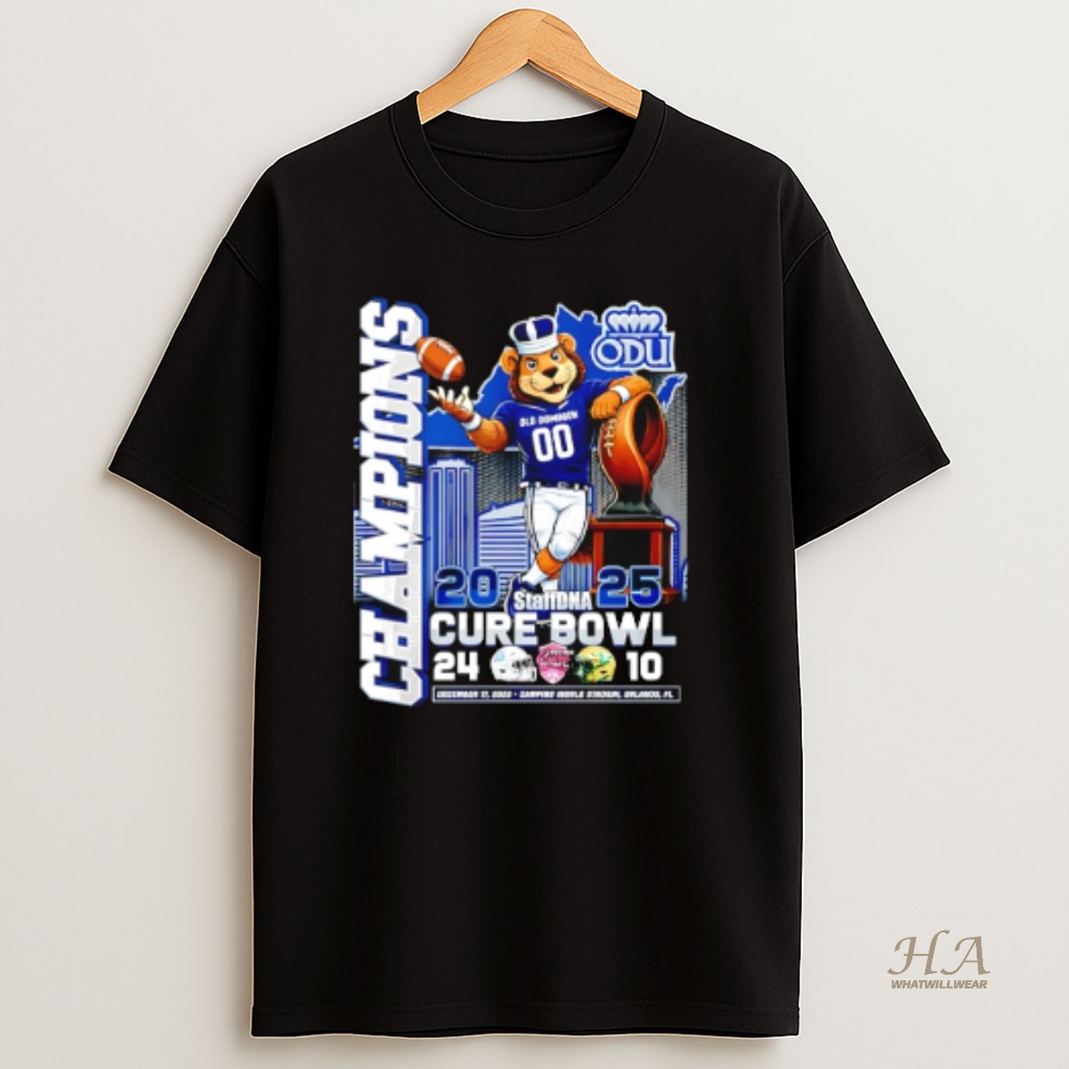 Official Old Dominion Monarchs 2025 Cure Bowl Champions Mascot Score T Shirt