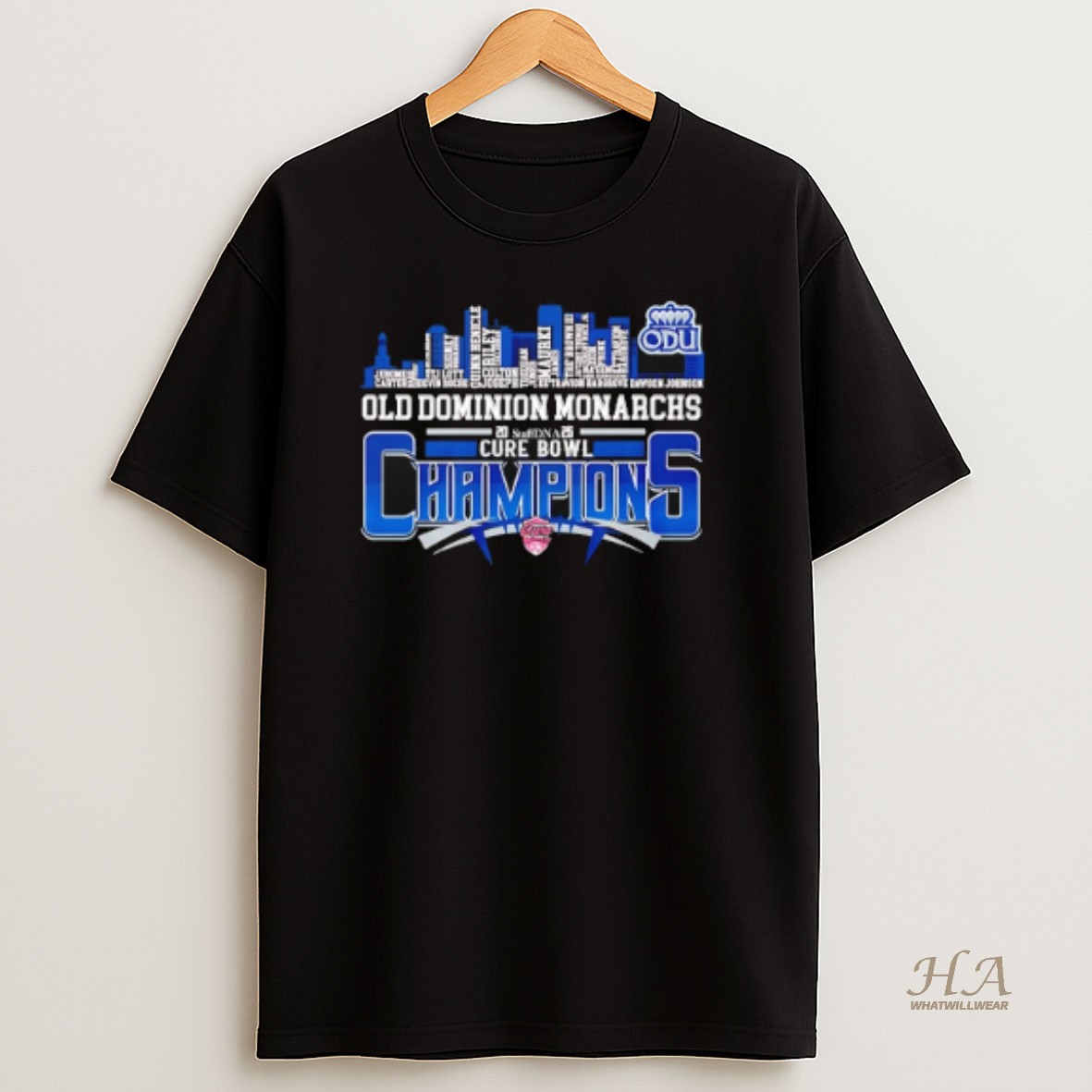 Official Old Dominion Monarchs 2025 Cure Bowl Champions Player Name Skyline T Shirt