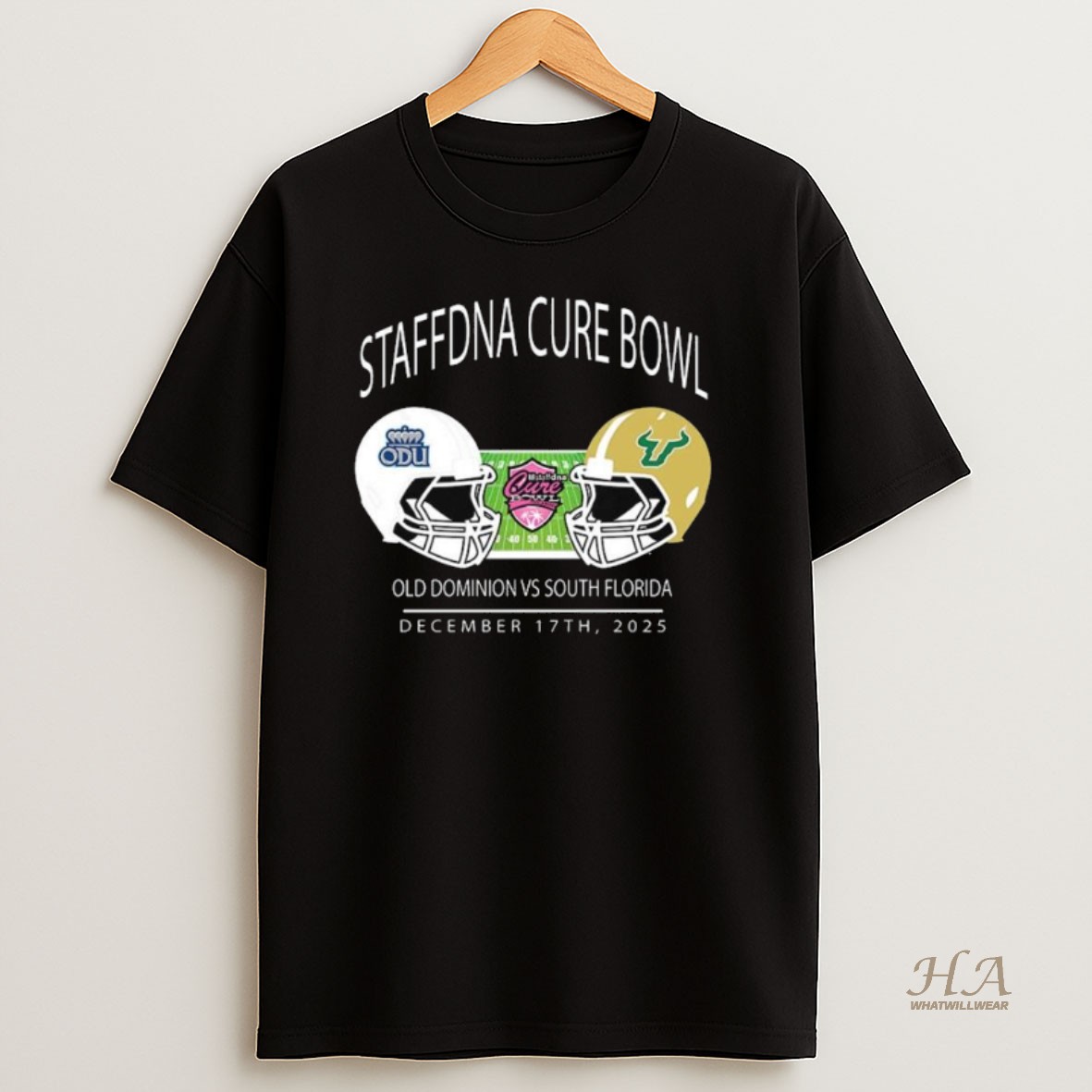 Official Old Dominion Monarchs Football Vs South Florida Bulls Football Staffdna Cure Bowl At Camping World Stadium On December 17th 2025 Helmet Matchup Long Sleve Shirt