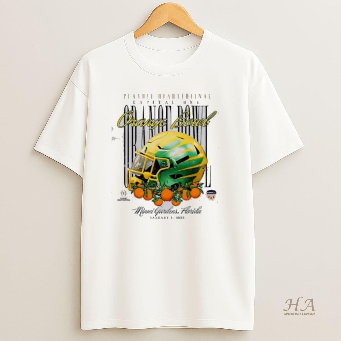 Official Oregon Ducks Ivory 2026 Orange Bowl Helmet T Shirt