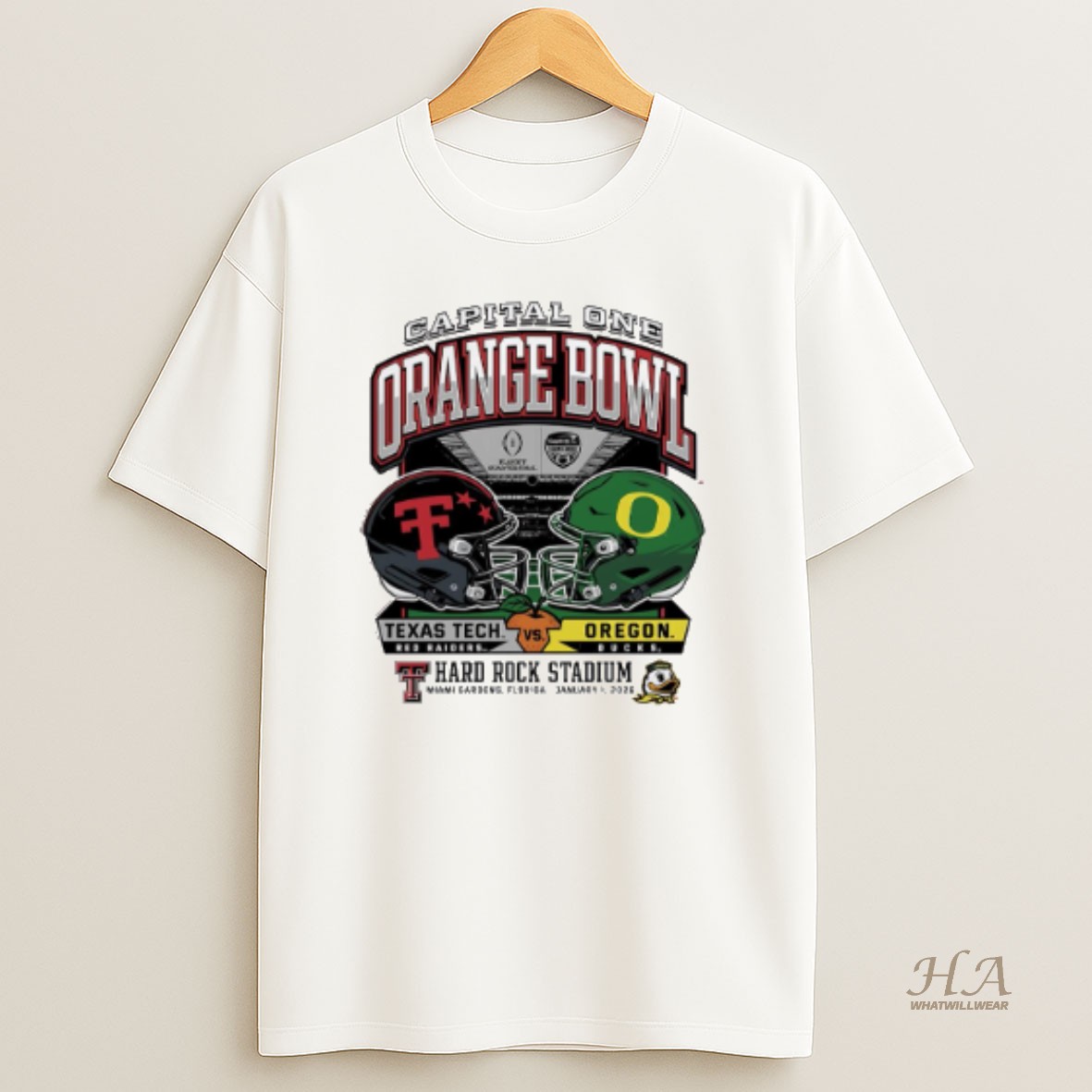 Official Oregon Vs Texas Tech 2025 Orange Bowl Hard Rock Stadium Helmet T Shirt