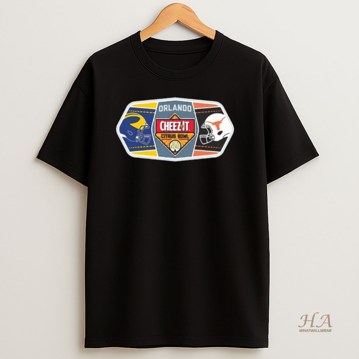 Official Orlando 2025 Cheez It Citrus Bowl 2 Team Patch Michigan Wolverines Vs Texas Longhorns Helmets T Shirt