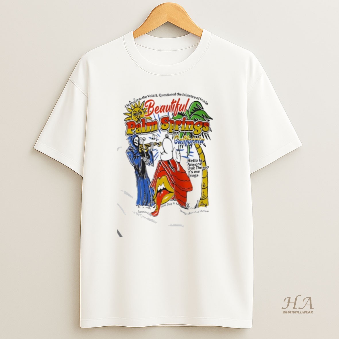 Official Palm Springs Beautiful California Snoopy And Grim Hello Is Anyone Out There T Shirt