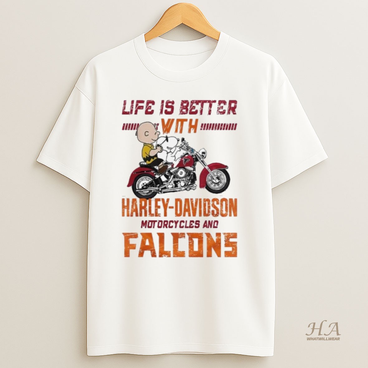 Official Peanuts Life Is Better With Harley Davidson Motorcycles And Atlanta Falcons Nfl T Shirt