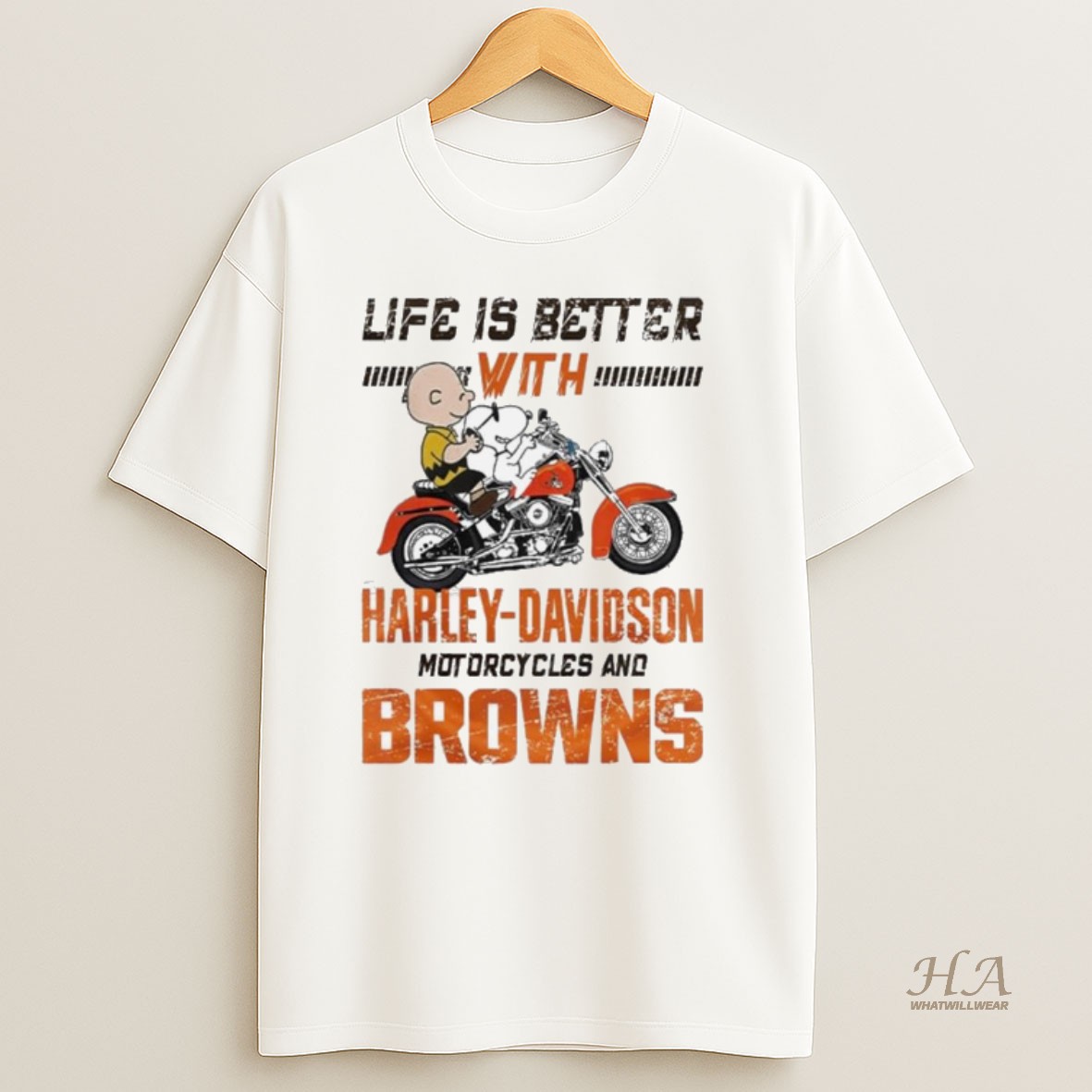Official Peanuts Life Is Better With Harley Davidson Motorcycles And Cleveland Browns Nfl T Shirt