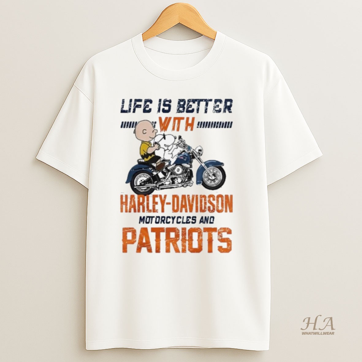 Official Peanuts Life Is Better With Harley Davidson Motorcycles And New England Patriots Nfl T Shirt