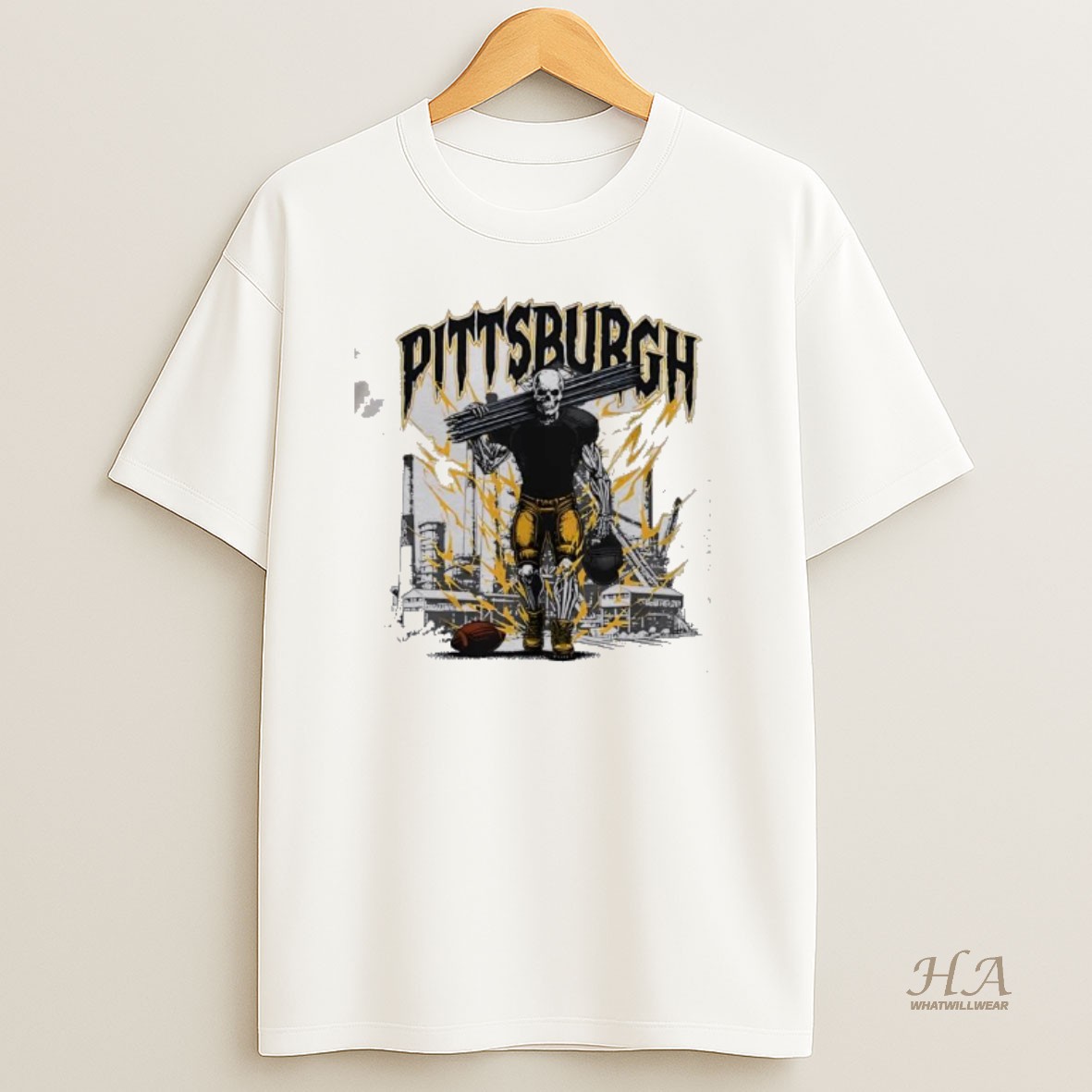 Official Pittsburgh Football Skeleton Bootleg Skyline T Shirt