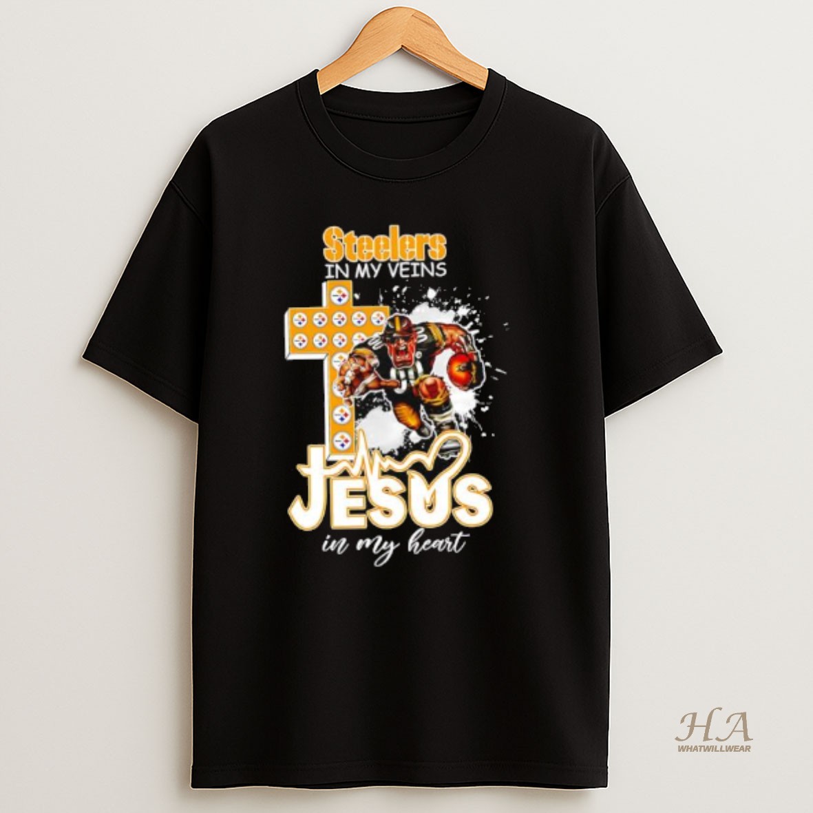 Official Pittsburgh Steelers In My Veins Jesus In My Heart Features A Football Player Logos Cross T Shirt