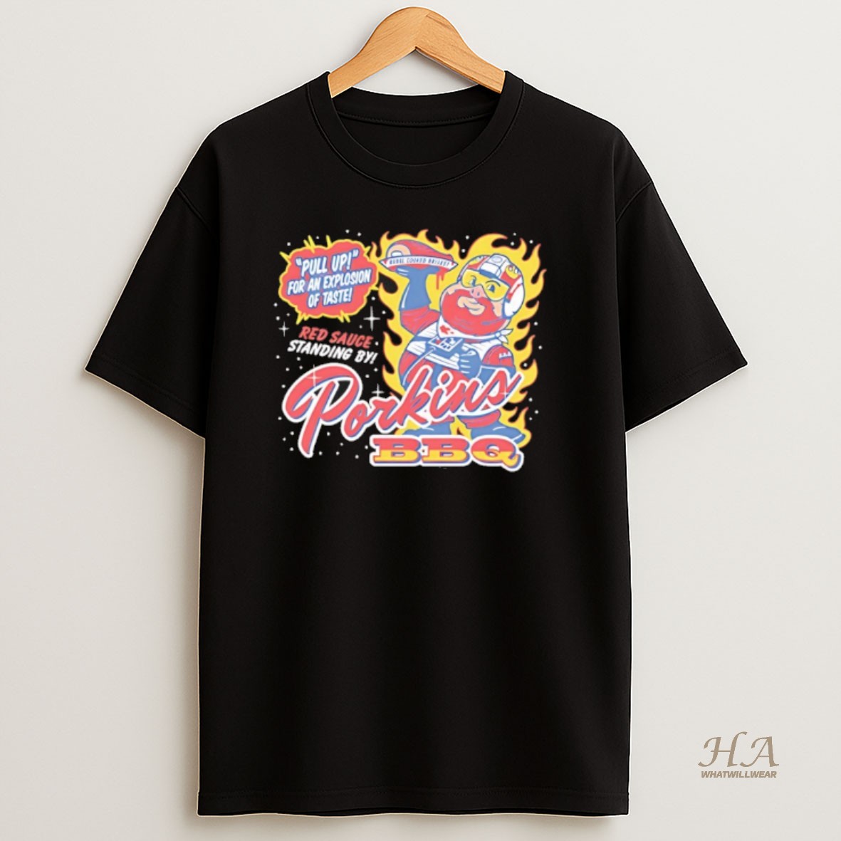 Official Porkins Bbq Rebel Pilot Red Sauce Standing By T Shirt