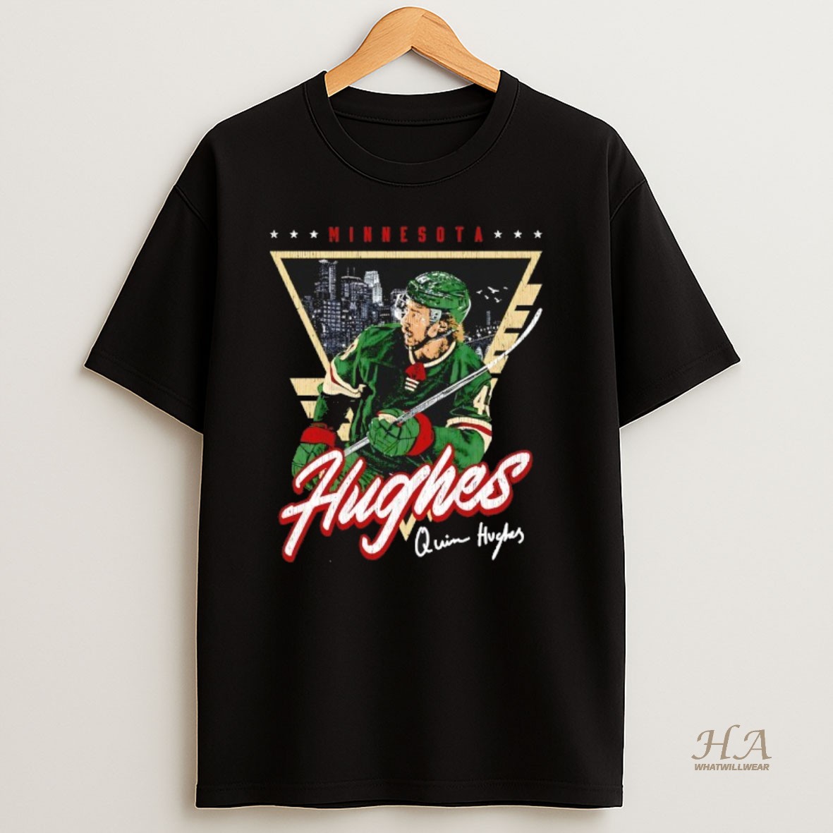 Official Quinn Hughes Minnesota Wild Hockey Triangle Graphic T Shirt