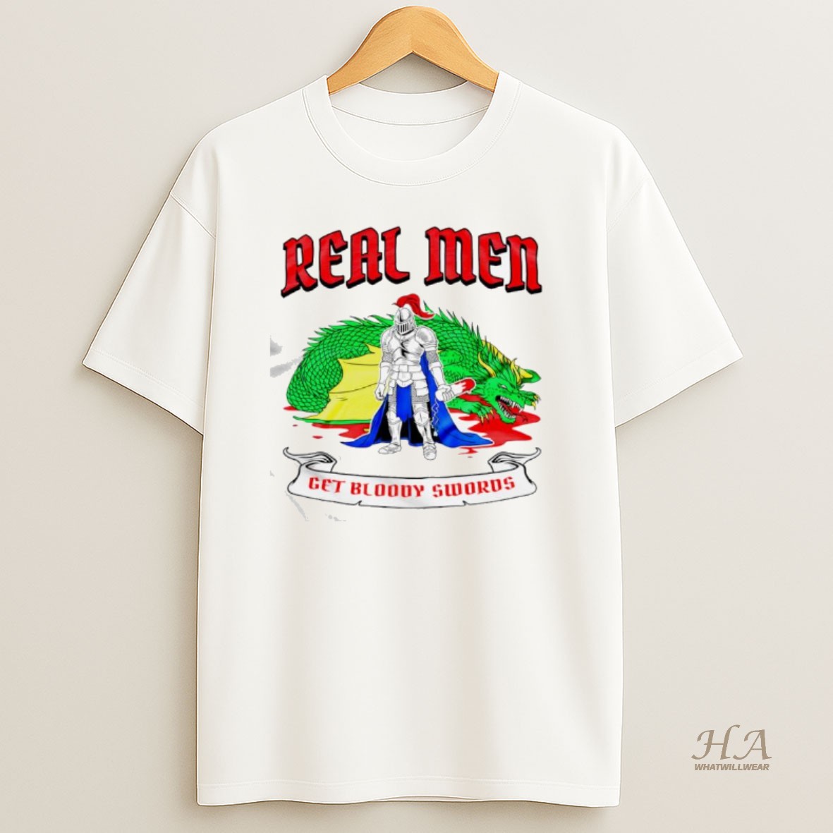 Official Real Men Get Bloody Swords Knight Defeated Dragon T Shirt