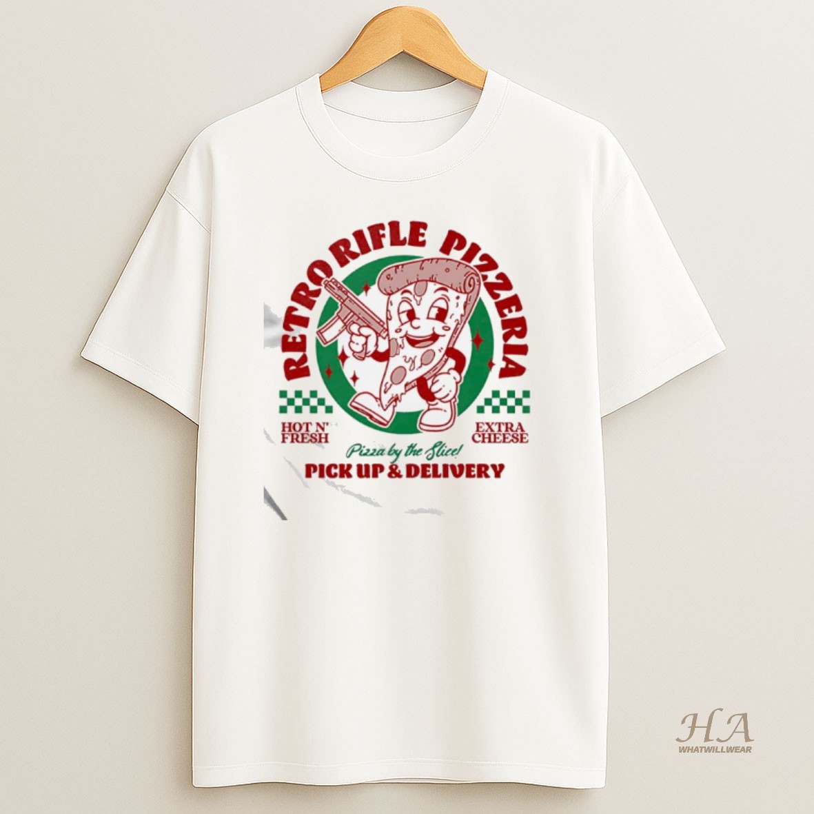 Official Retro Rifle Pizzeria Hot N Fresh Extra Cheese Pizza By The Slicepick Up Delivery Shirt