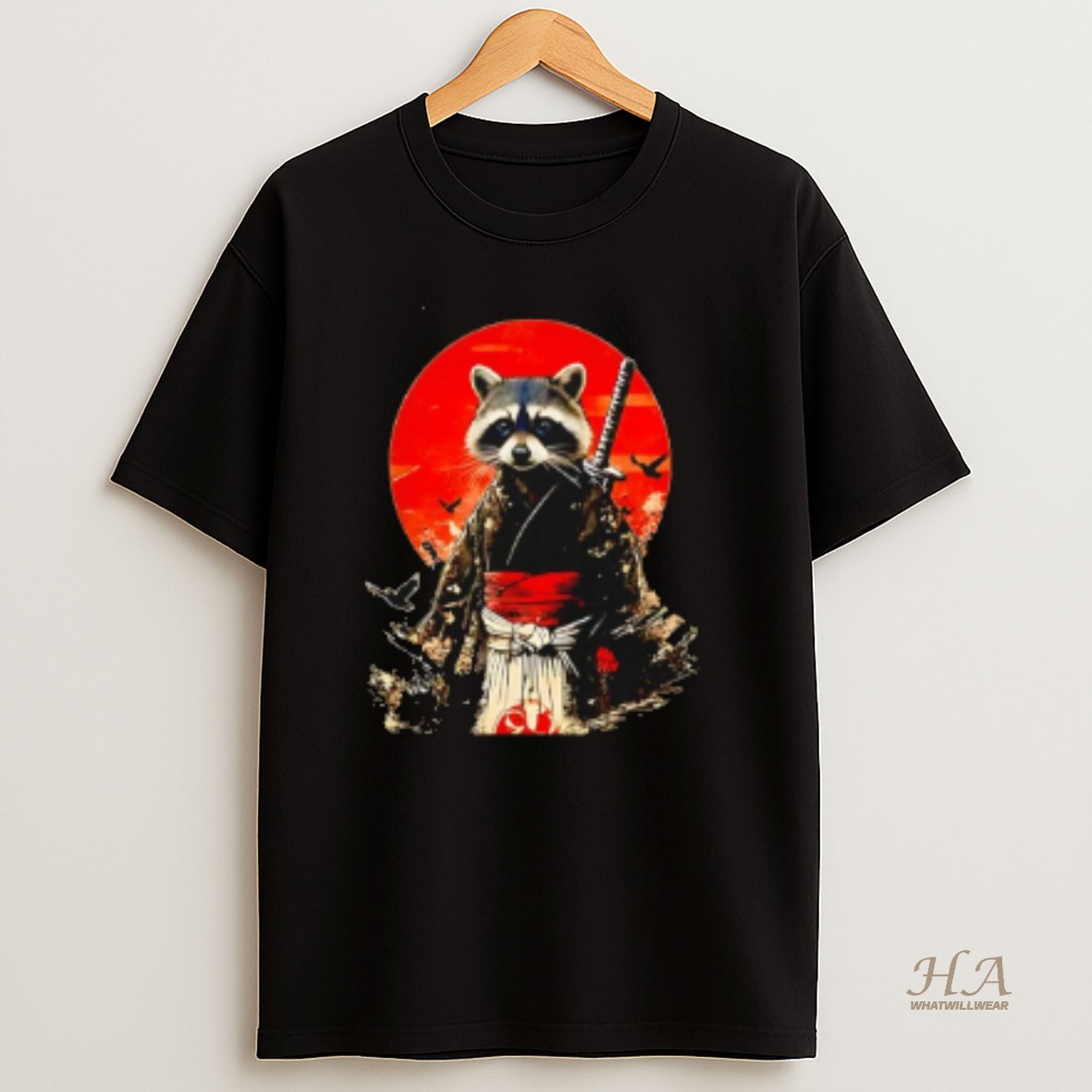 Official Samurai Raccoon Sun And Flowers Art T Shirt