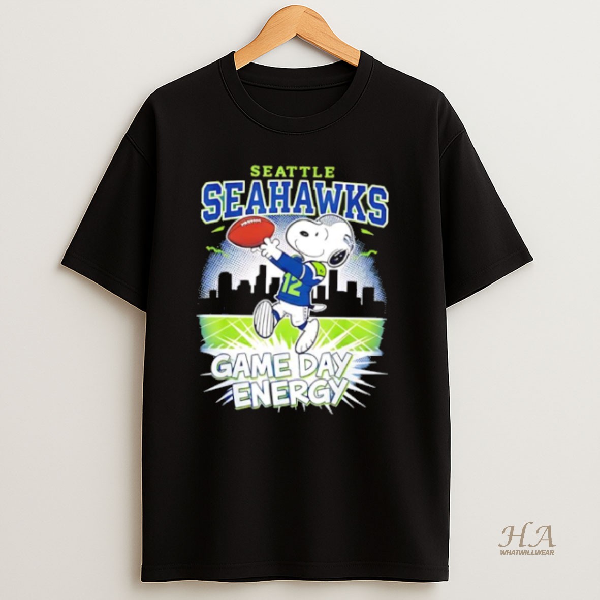 Official Seattle Seahawks Game Day Energy Snoopy Peanuts Football T Shirt