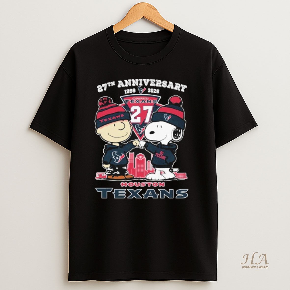 Official Snoopy And Charlie Brown The Peanuts Houston Texans 27th Anniversary 1999 2026 T Shirt