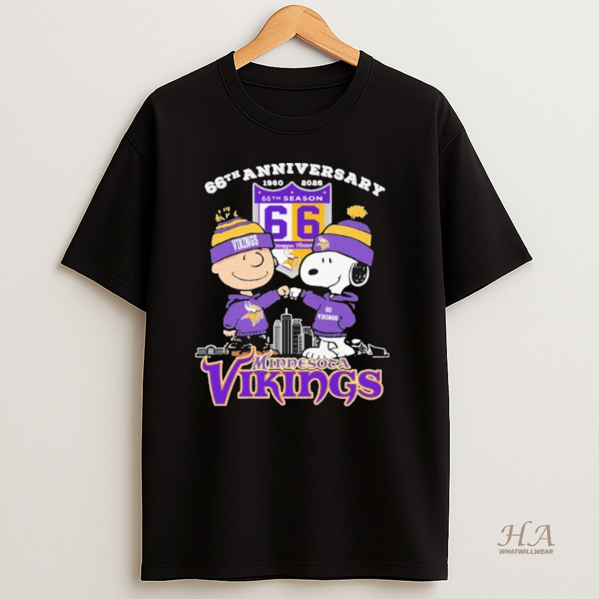 Official Snoopy And Charlie Brown The Peanuts Minnesota Vikings 66th Anniversary 1960 2026 T Shirt
