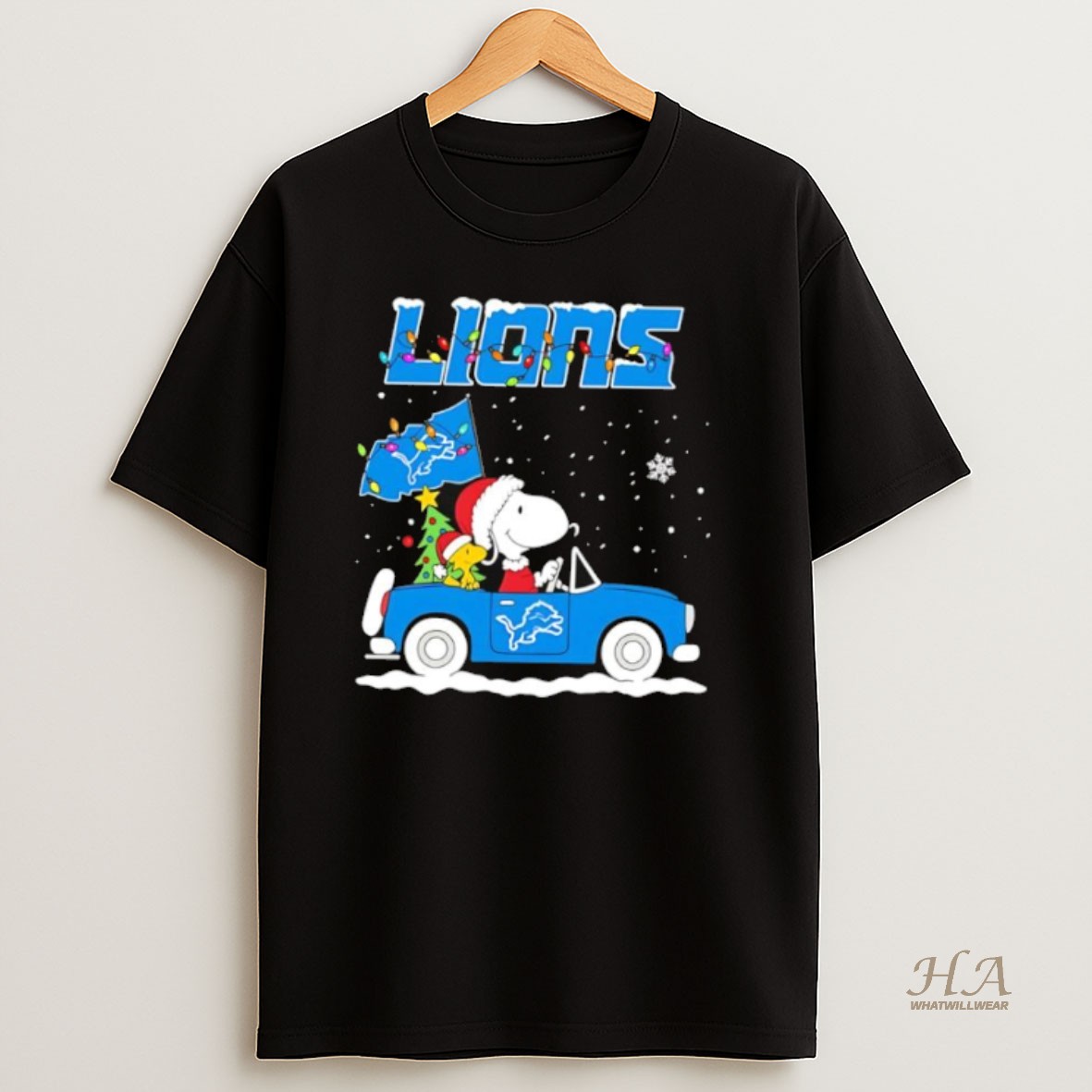 Official Snoopy And Woodstock Santa Christmas Detroit Lions On By Car Shirt