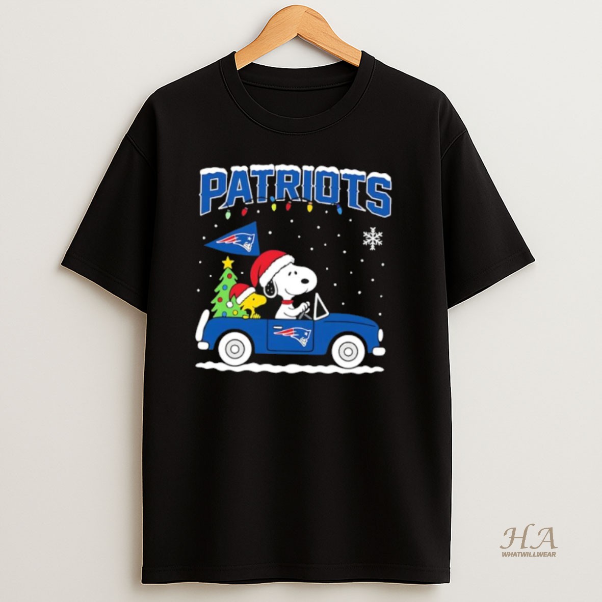 Official Snoopy And Woodstock Santa Christmas New England Patriots On By Car Shirt