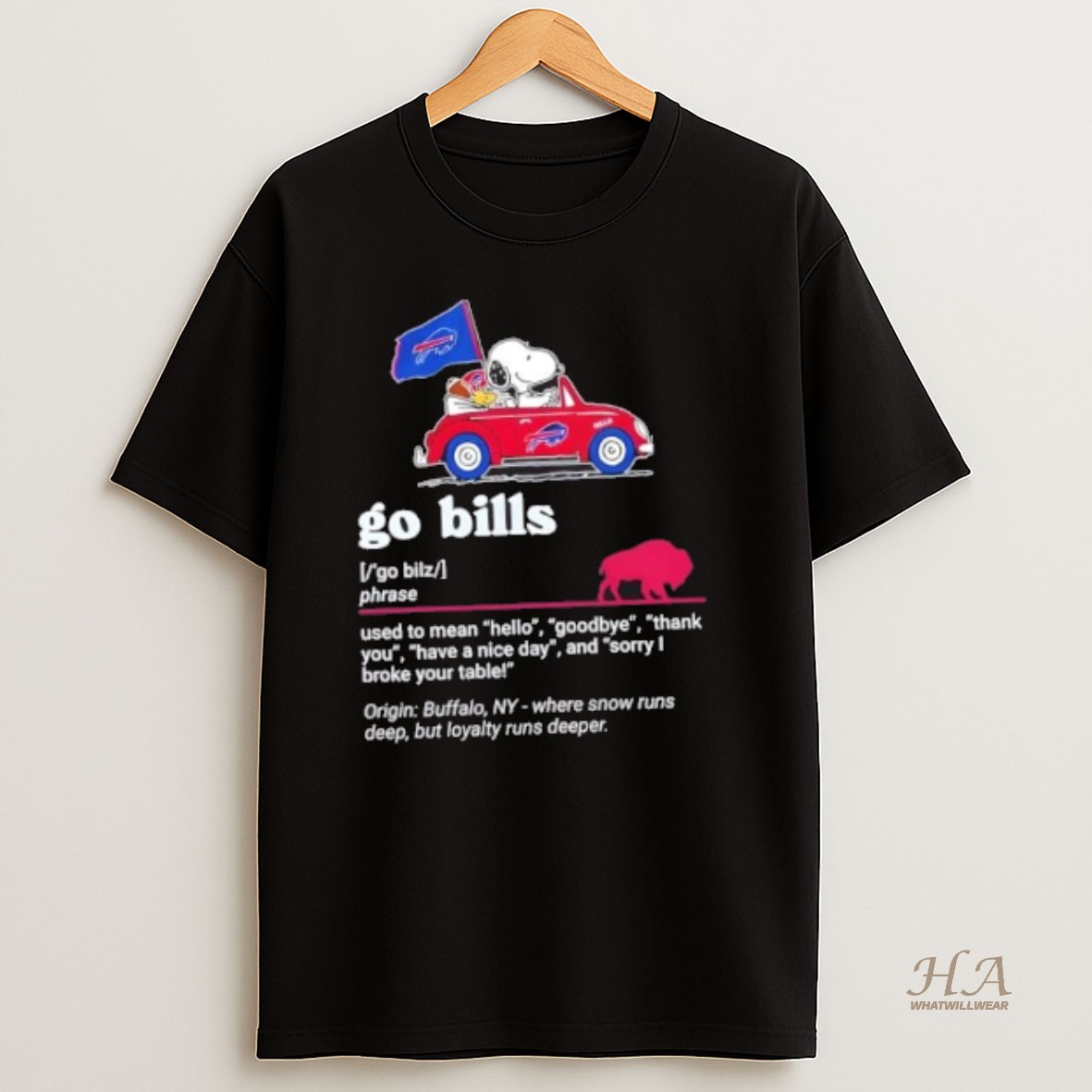 Official Snoopy Driving Car Go Buffalo Bills Used To Mean Hello Goodbye Thank You Have A Nice Day And Sorry I Broke Your Table T Shirt