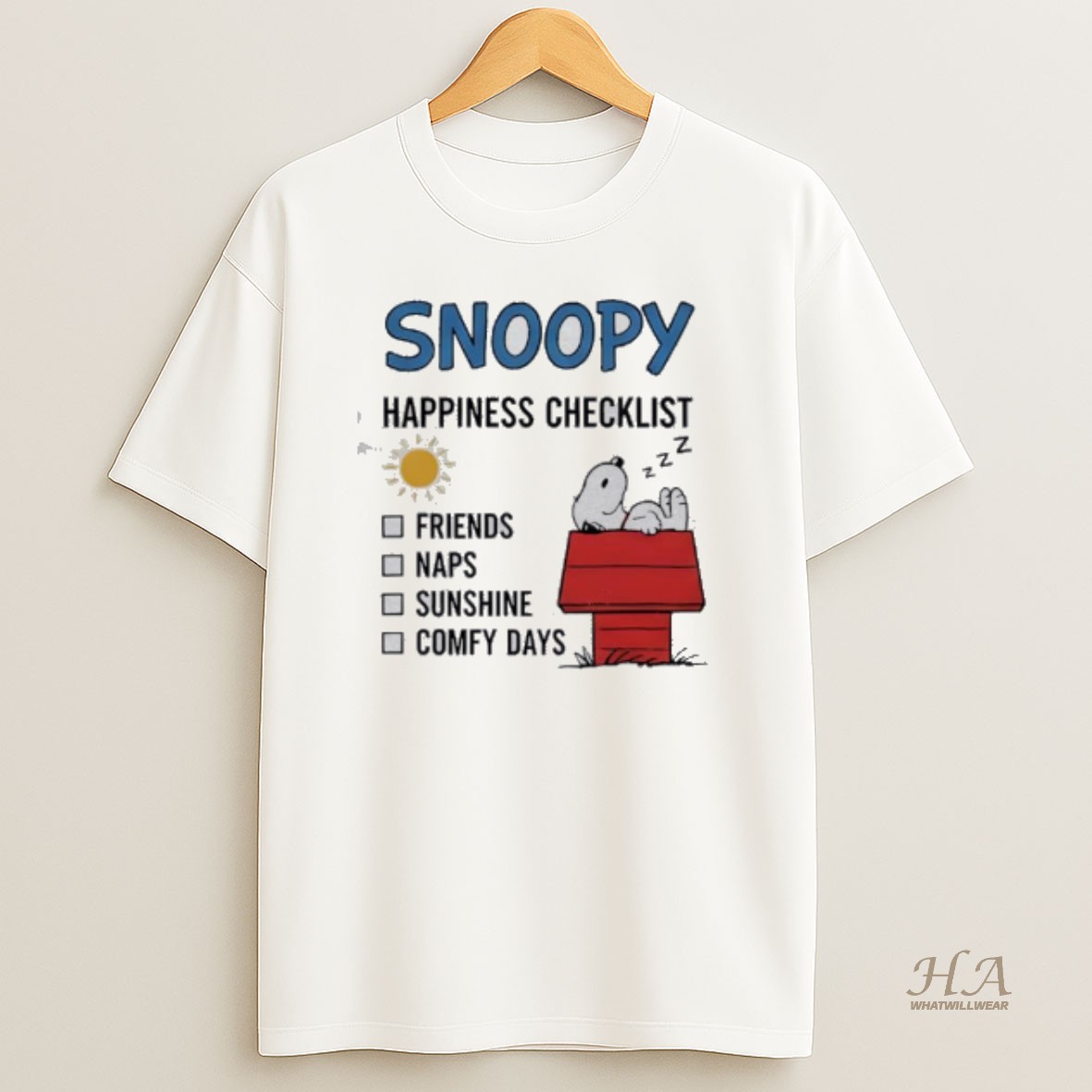 Official Snoopy Happiness Checklist Friends Naps Sunshine And Comfy Days T Shirt