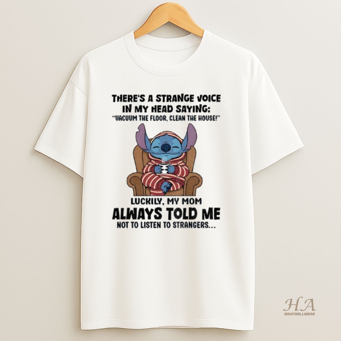 Official Stitch Theres A Strange Voice In My Head Saying Vacuum The Floor Clean The House Luckily My Mom T Shirt