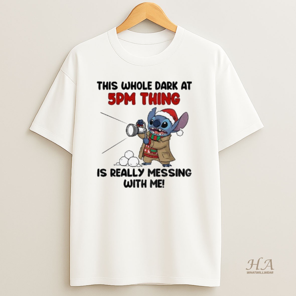 Official Stitch This Whole Dark At 5pm Thing Is Really Messing With Me Santa Christmas T Shirt