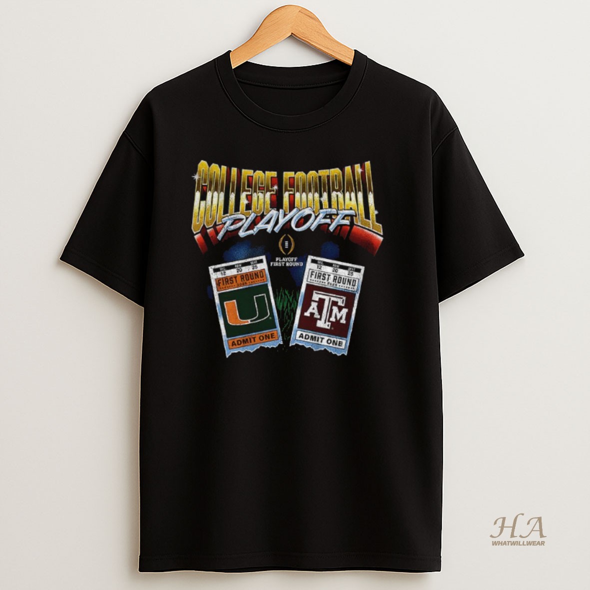 Official Texas Am Aggies Vs Miami Hurricanes Matchup Ticket Youth College Football Playoff 2025 First Round Shirt
