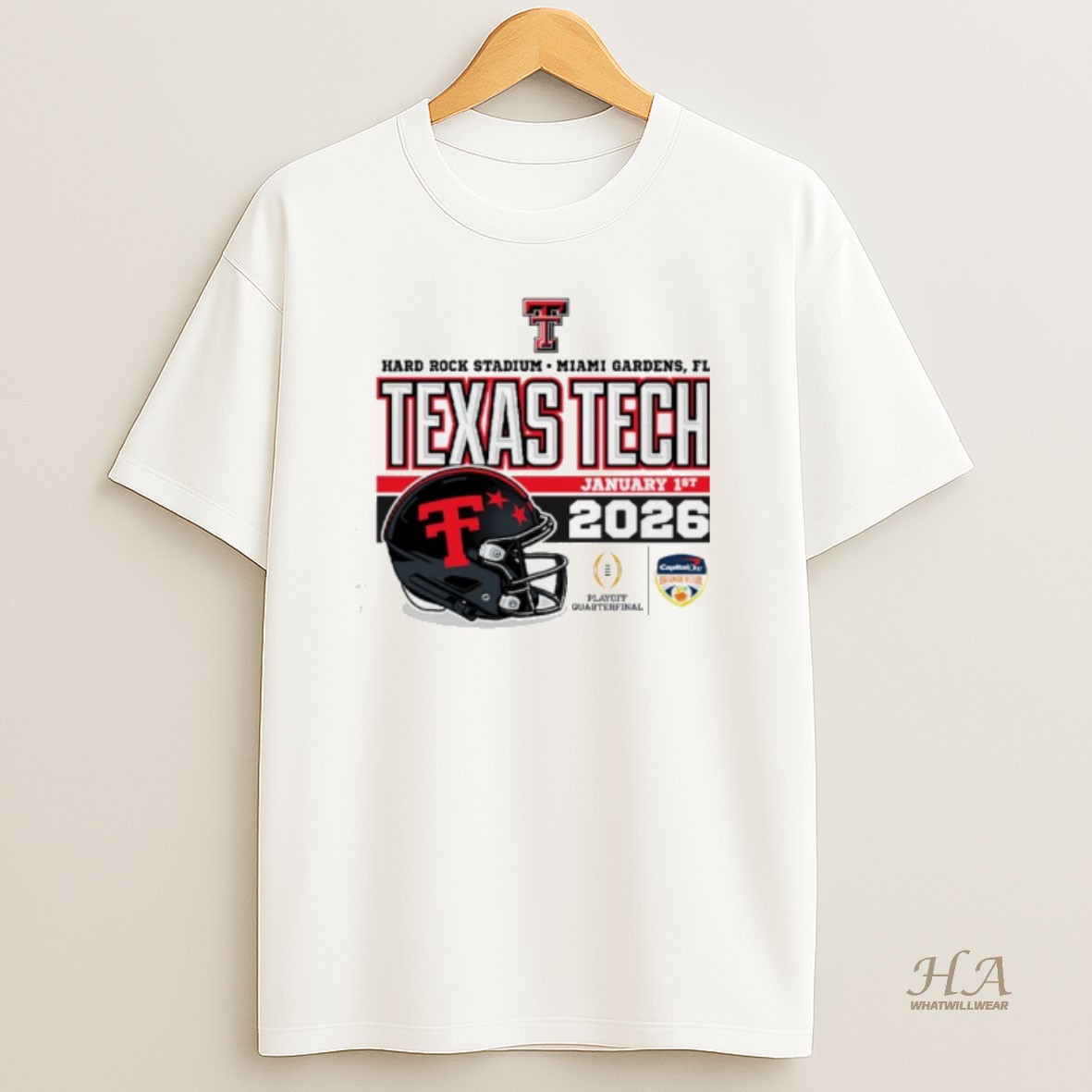 Official Texas Tech Red Raiders 2026 Cfp Quarterfinal Capital One Orange Bowl Helmet T Shirt