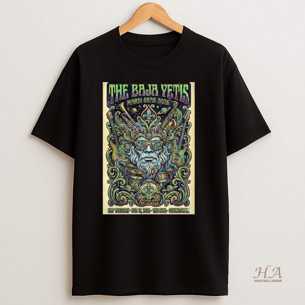 Official The Baja Yetis Mardi Gras 2026 Special Guests The Swells Fat Tuesday February 17 2026 T Shirt