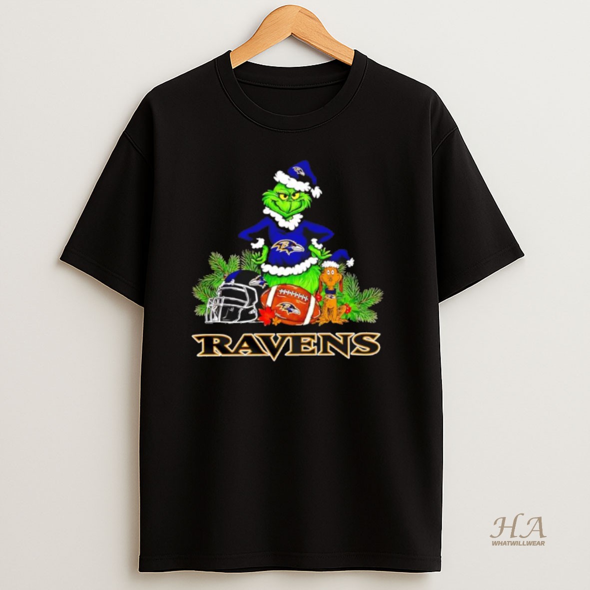 Official The Grinch And Max Baltimore Ravens Christmas Helmet Items T Shirt