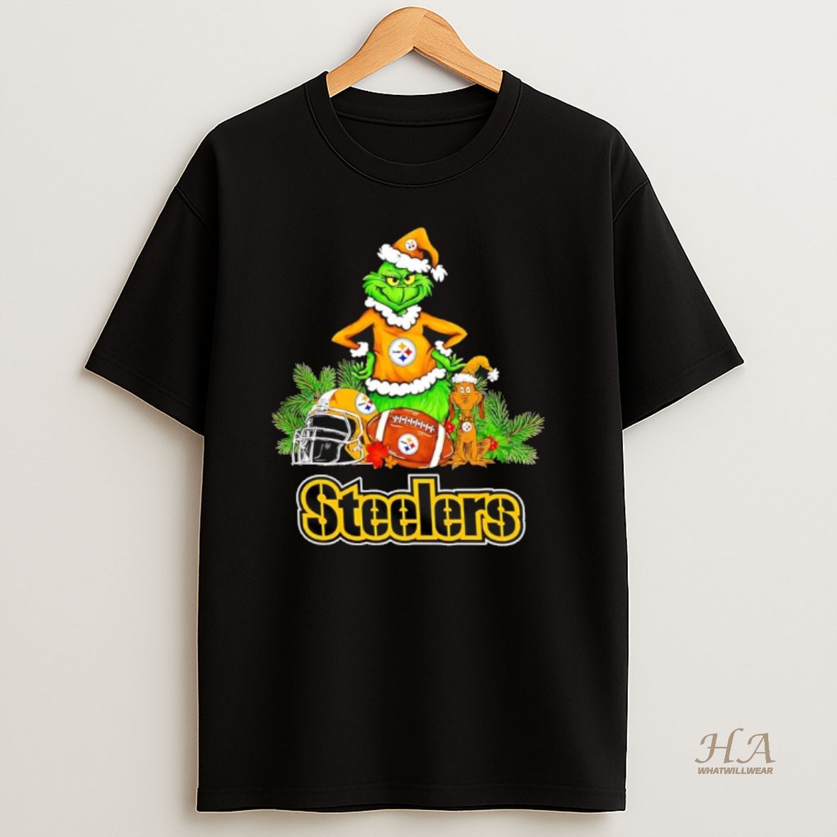 Official The Grinch And Max Pittsburgh Steelers Christmas Helmet Items T Shirt