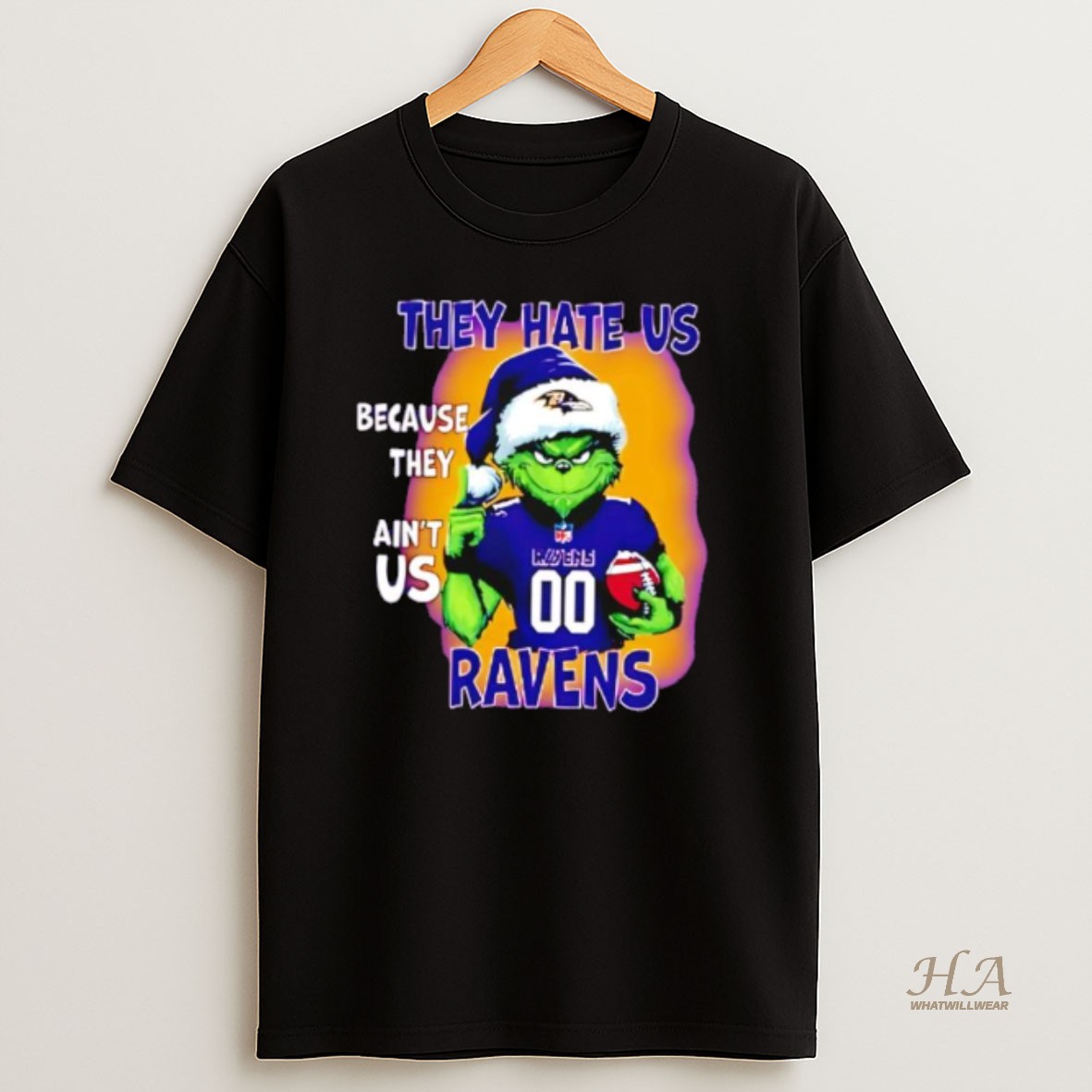 Official They Hate Us Because They Aint Us Baltimore Ravens Grinch Santa T Shirt