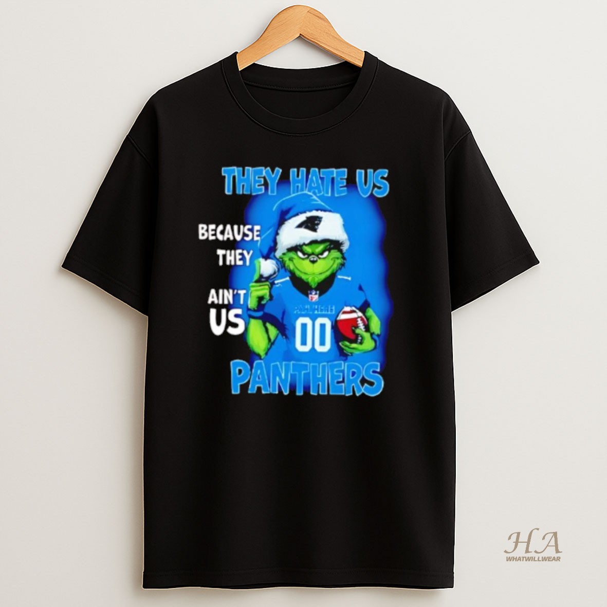 Official They Hate Us Because They Aint Us Carolina Panthers Grinch Santa T Shirt